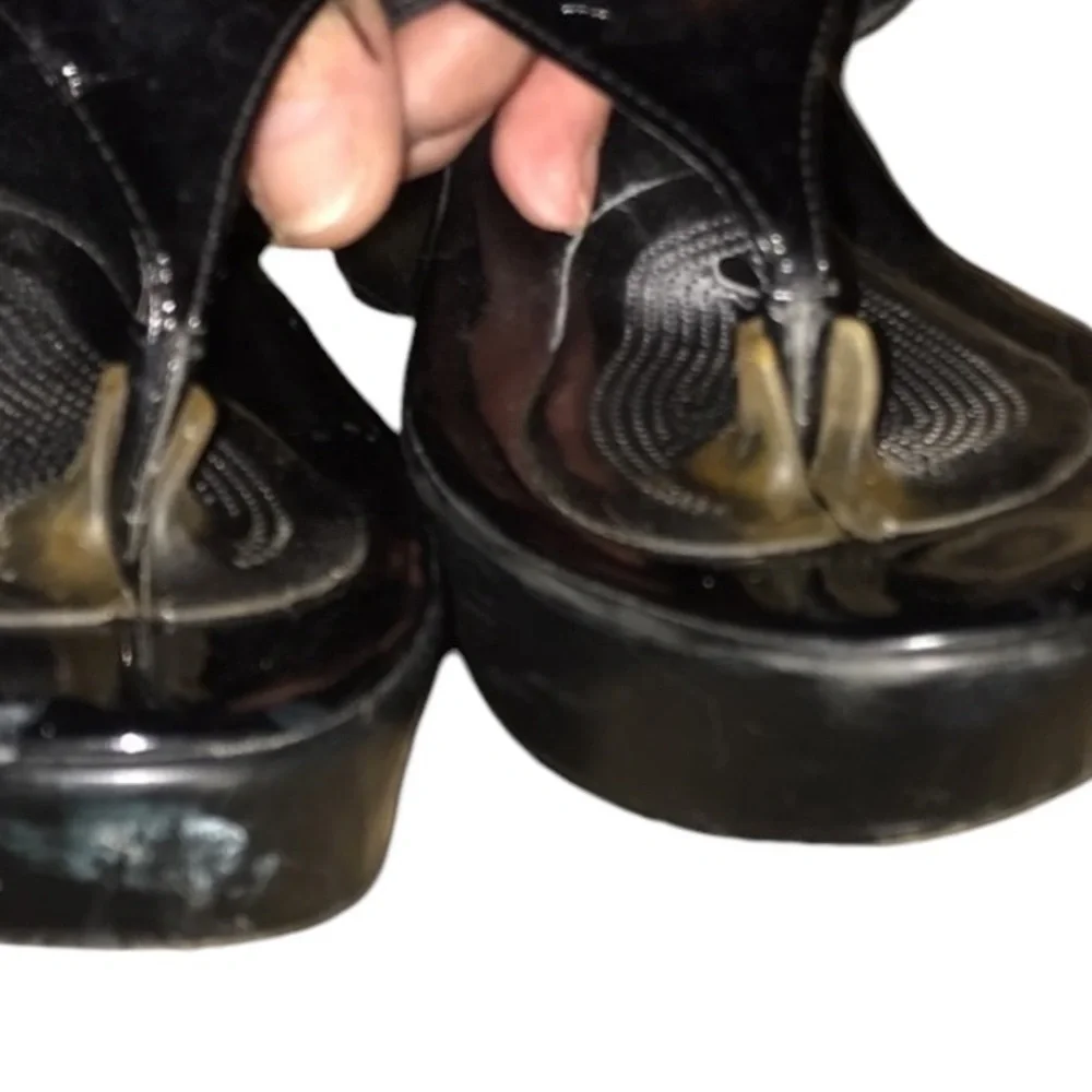 BCBG  size 9.5 black patent leather platform wedges canvas strap silver detail